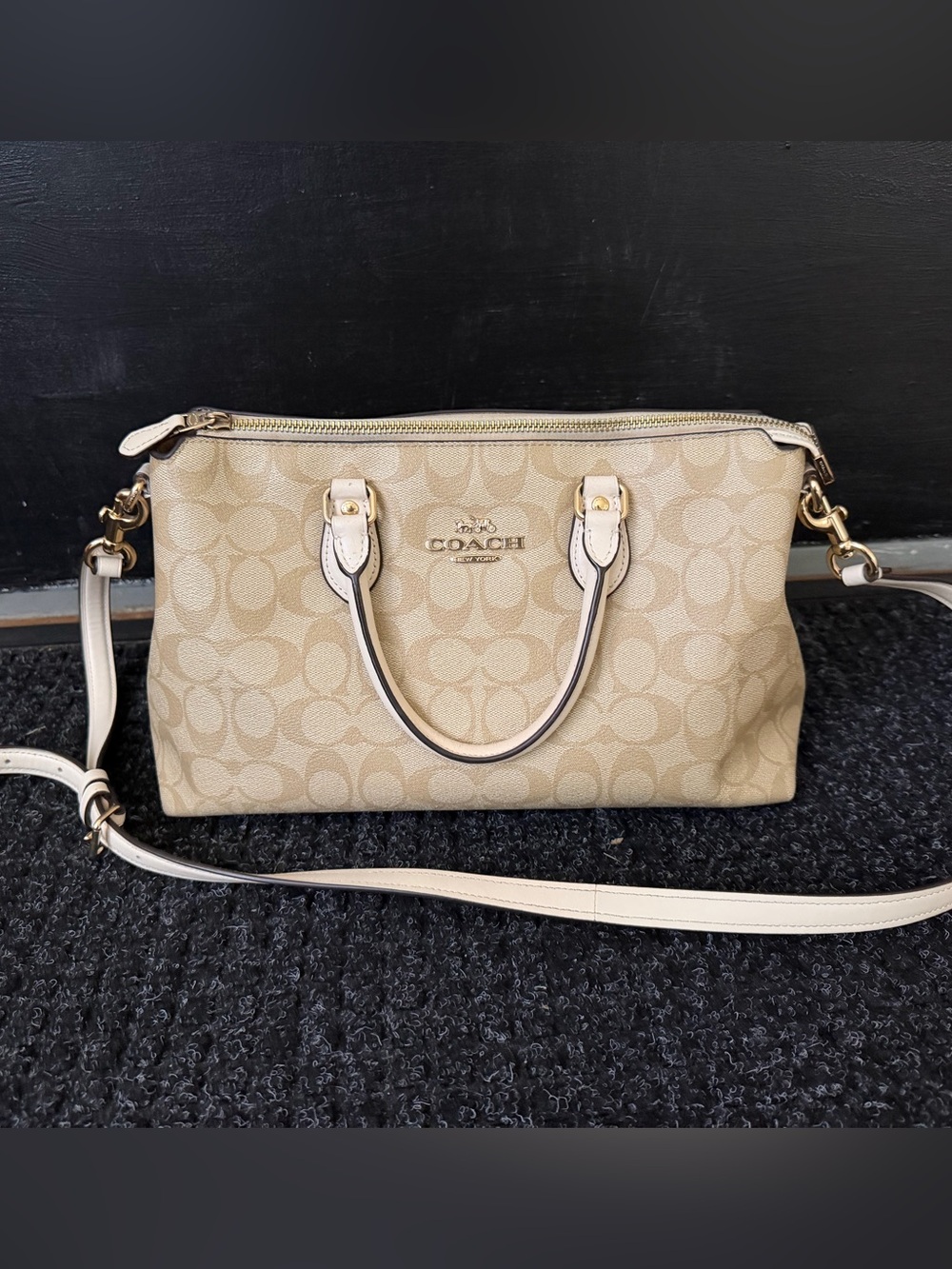 Coach Beige Signature Canvas Satchel with Leather Trim